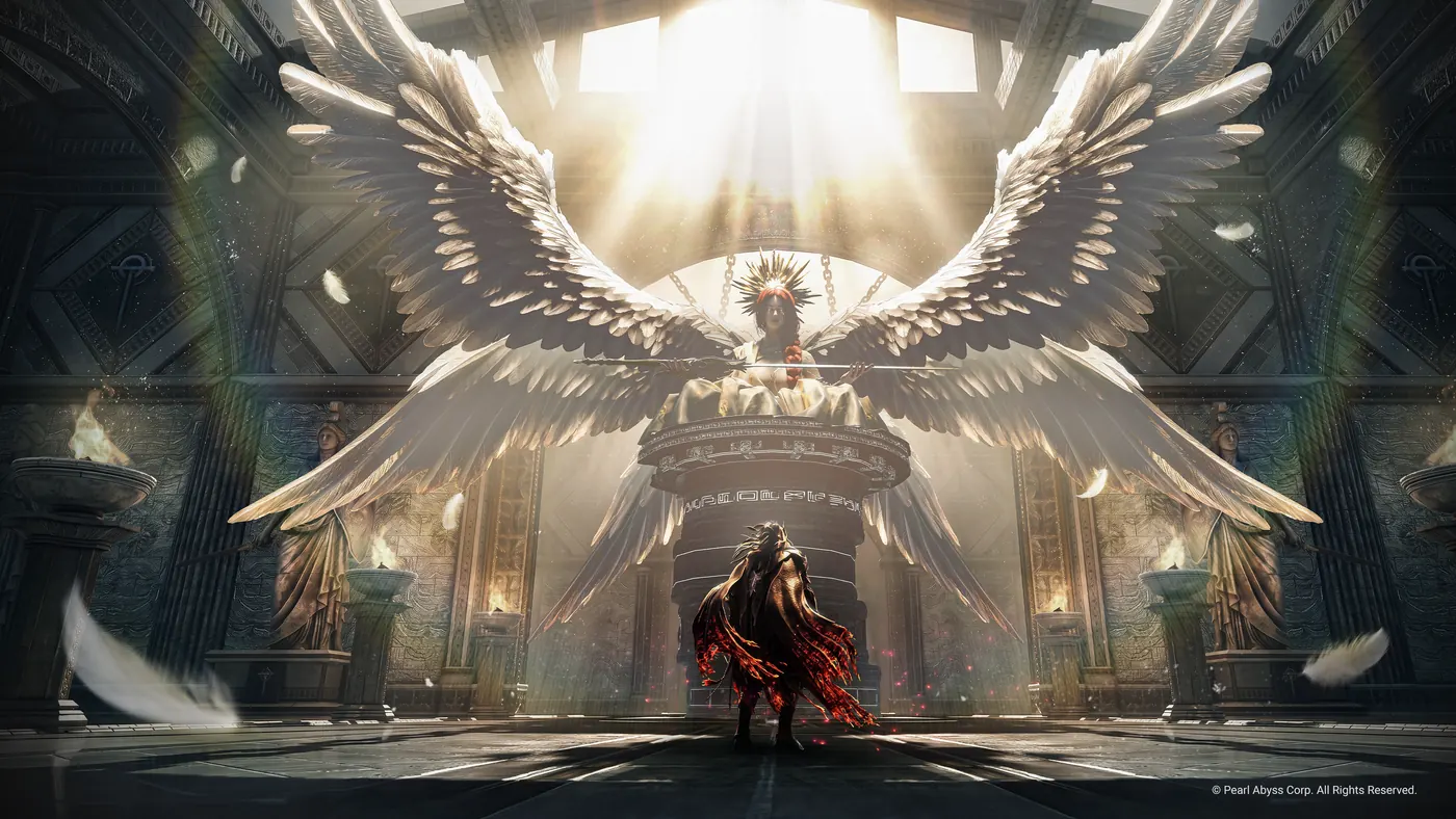 A robed Adventurer stands before a towering winged throne inside Alyaelli's Gate