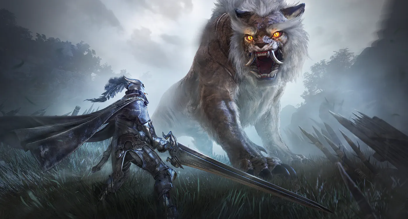 An armoured knight with a greatsword facing a giant white tiger in a misty forest