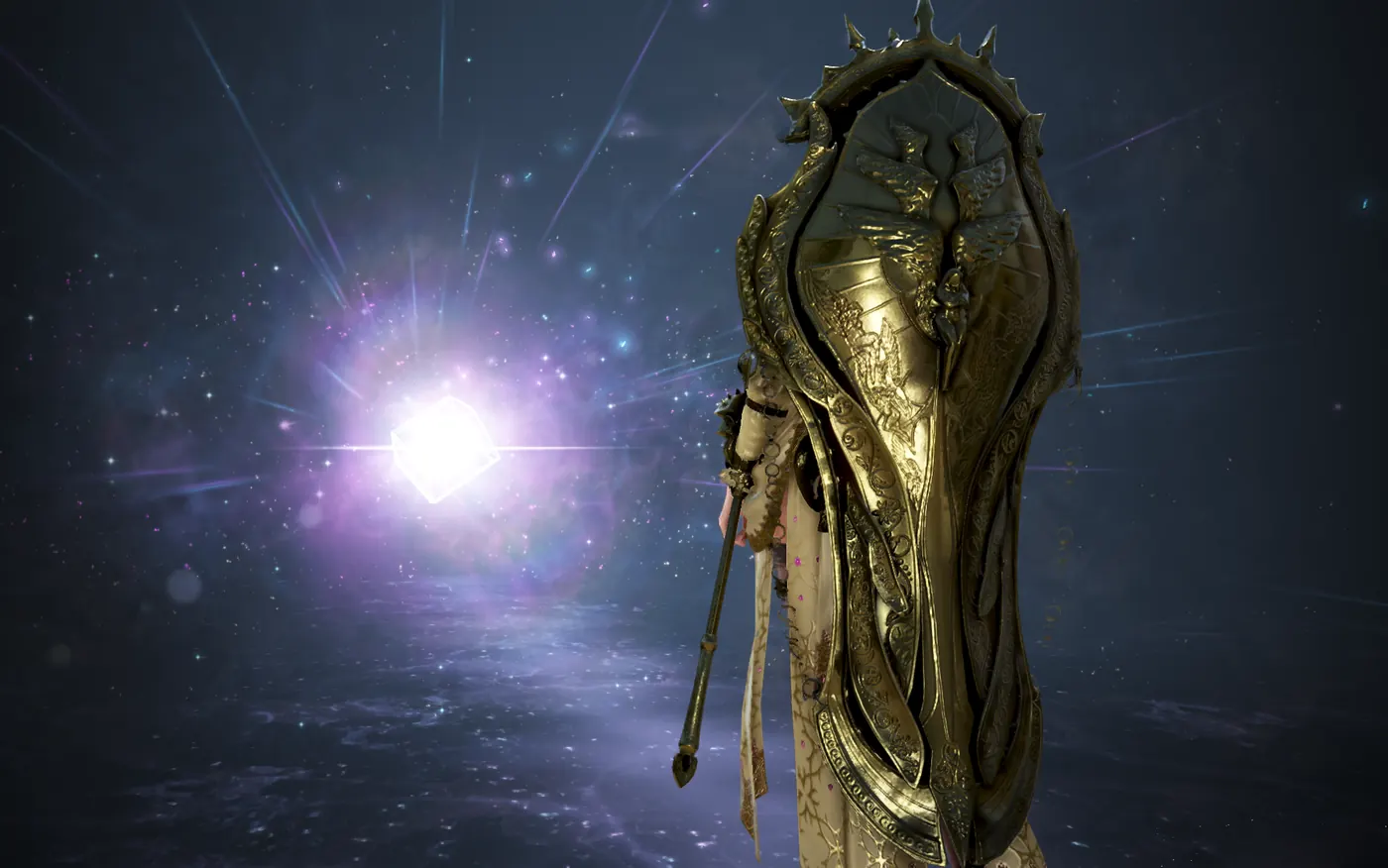 A character in gold armour facing a burst of light against a starry backdrop during the switch scene