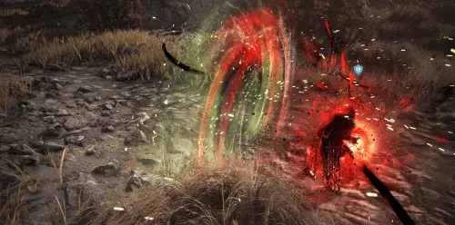 A red energy arc sweeps across a rocky field as the Common Skill fires