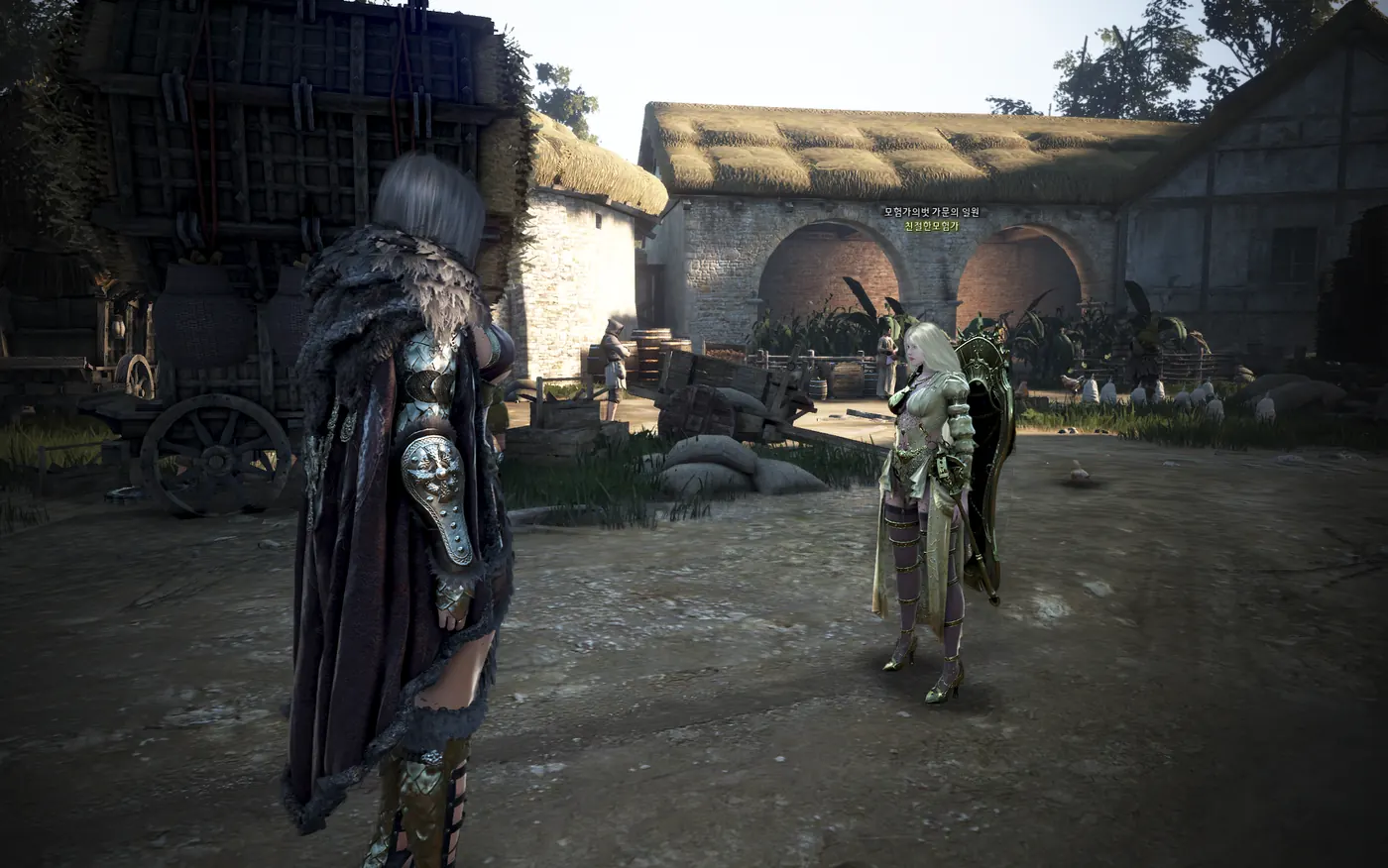 A character facing a second character from the same family, who waits in a farm courtyard with a family label above them