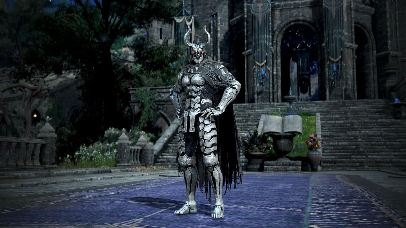 The La Orzeca outfit: horned white plate armour with a ragged black cape, worn in Kamasylvia